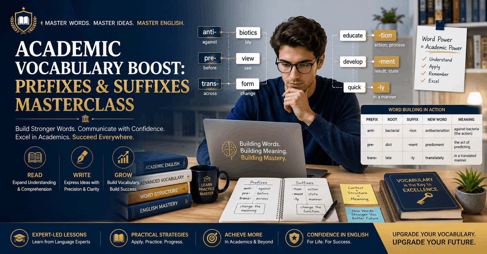 Academic Vocabulary course banner showing prefixes, suffixes, word building, and English language learning for academic success