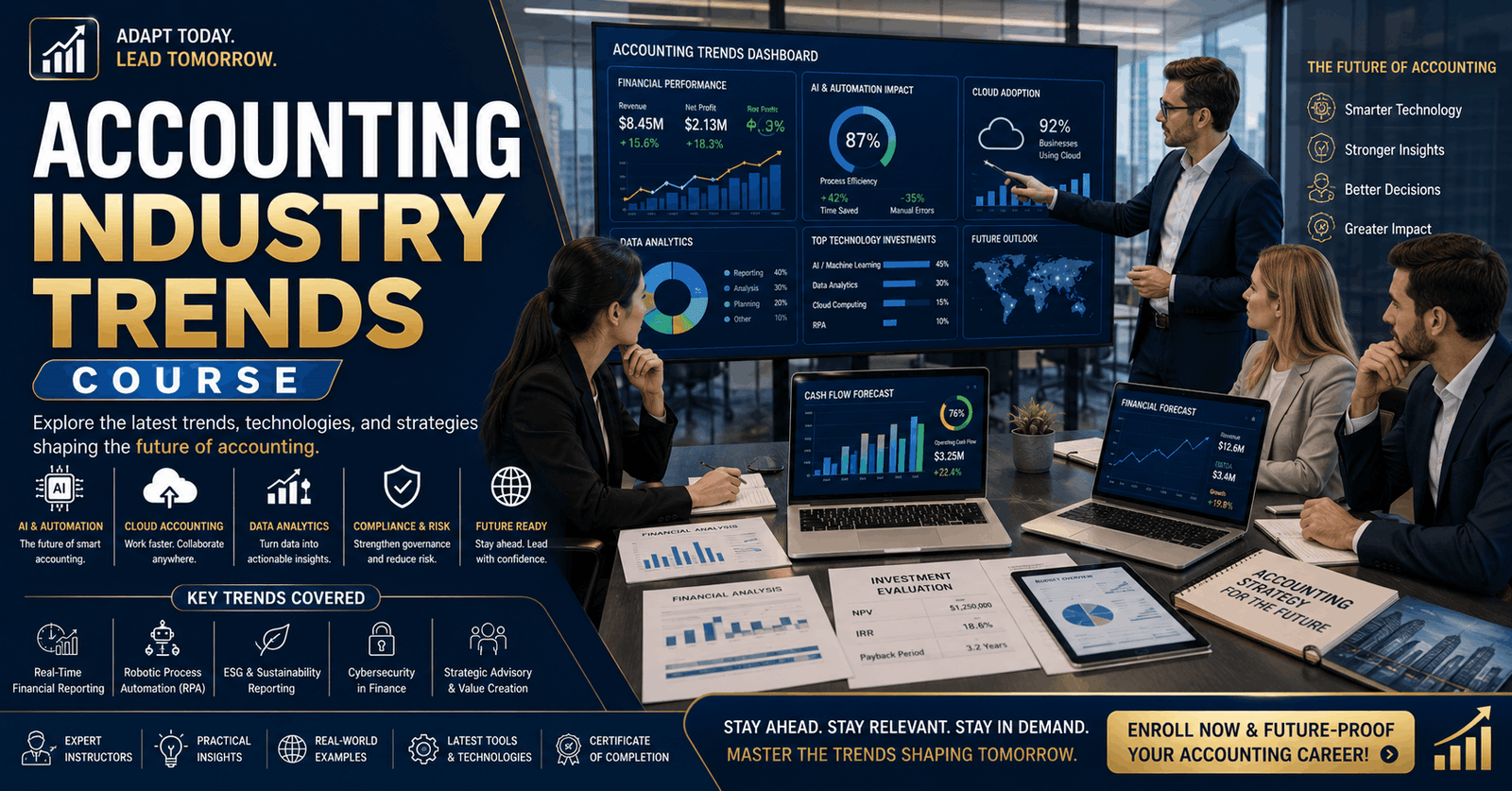 Finance leaders discussing digital transformation in an accounting industry trends course