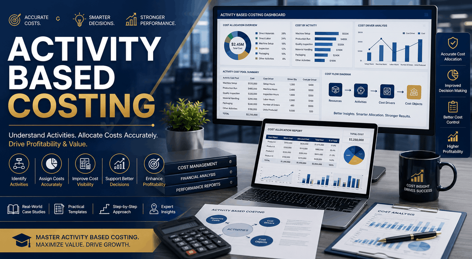 Finance professionals analysing Activity Based Costing reports with cost allocation charts and financial dashboards