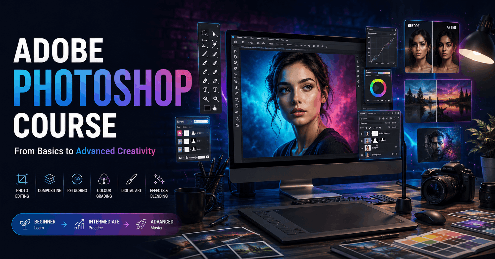 Adobe Photoshop Course showing photo editing tools, layers, masking techniques and creative design workspace