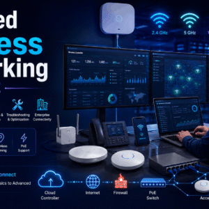Advanced Wireless Networking course showing routers, access points, WiFi signals, cloud controllers and secure connections.