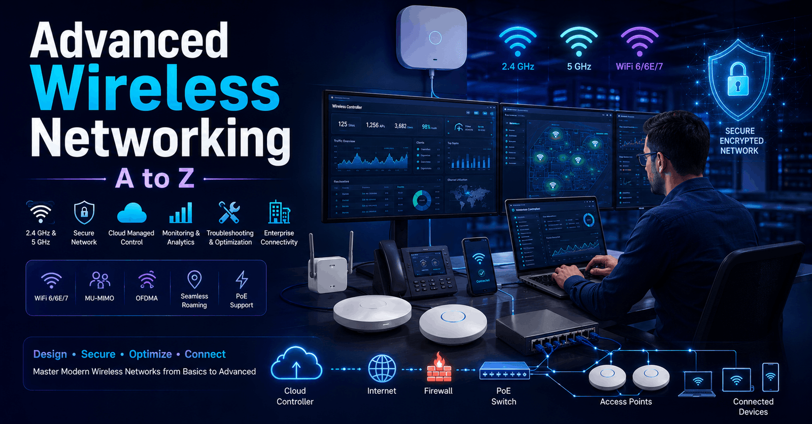 Advanced Wireless Networking course showing routers, access points, WiFi signals, cloud controllers and secure connections.