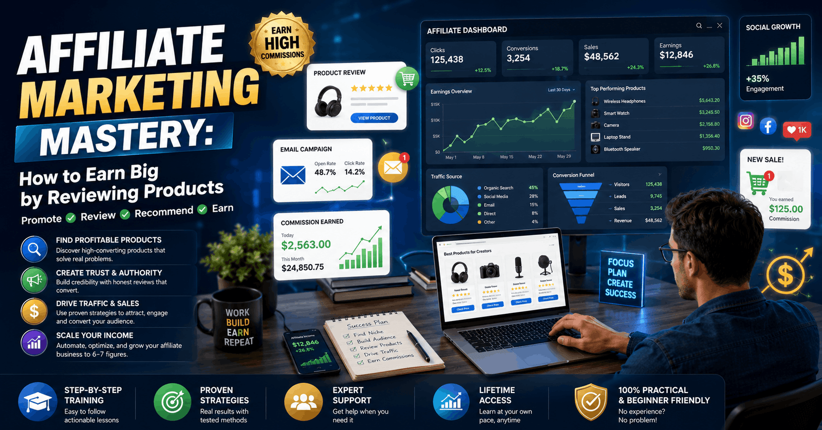 Affiliate Marketing Mastery course teaching product reviews, audience growth, email marketing, and online income strategies