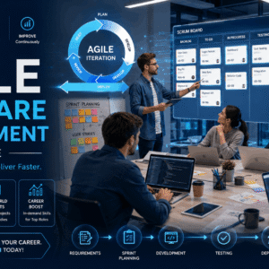 Agile team collaborating with Scrum board and JIRA dashboard for Agile Software Development project planning