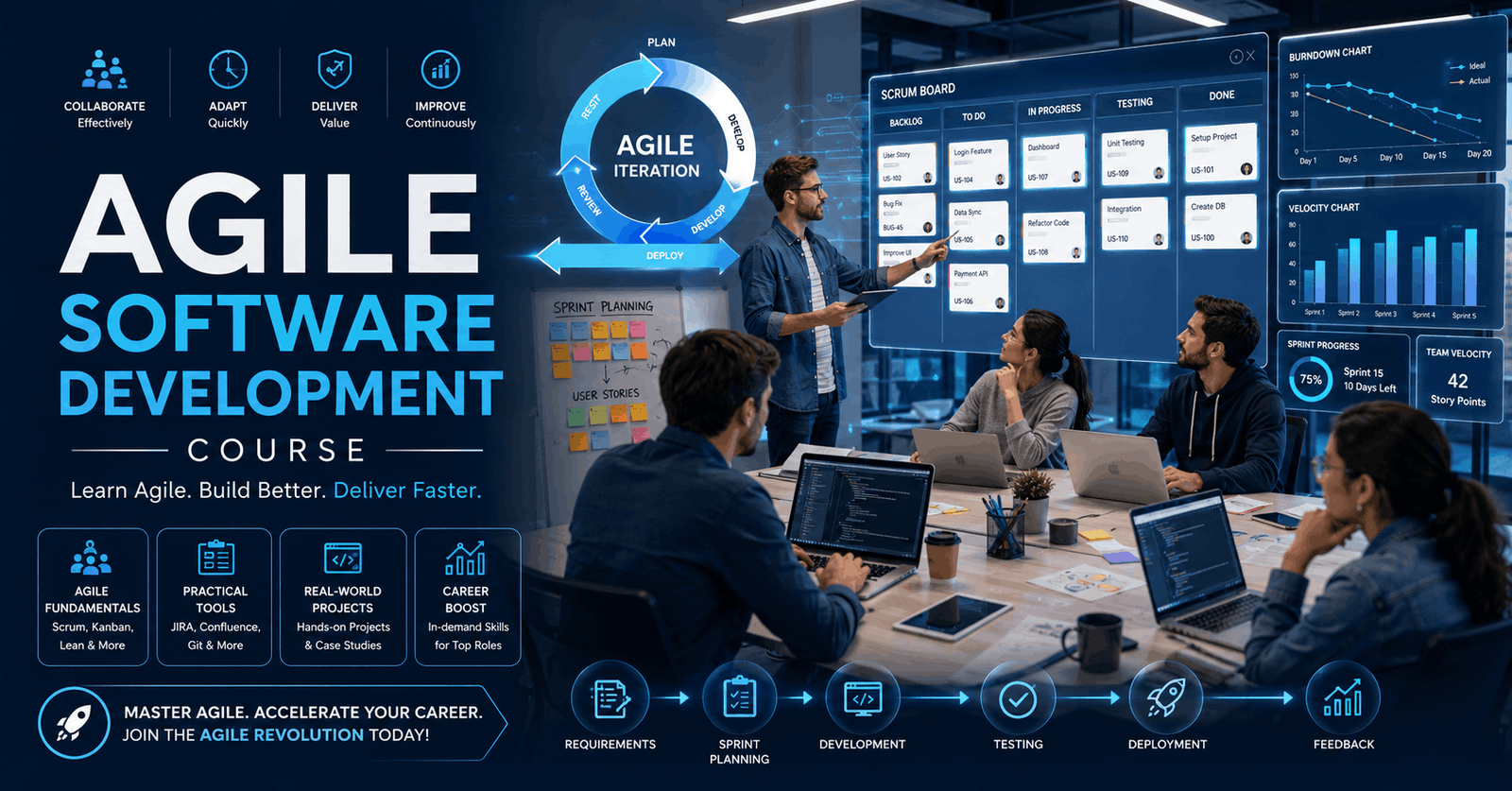 Agile team collaborating with Scrum board and JIRA dashboard for Agile Software Development project planning