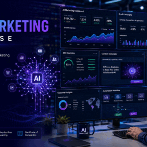 AI Marketing training with automation dashboards, digital campaigns, chatbots, analytics, and artificial intelligence tools.