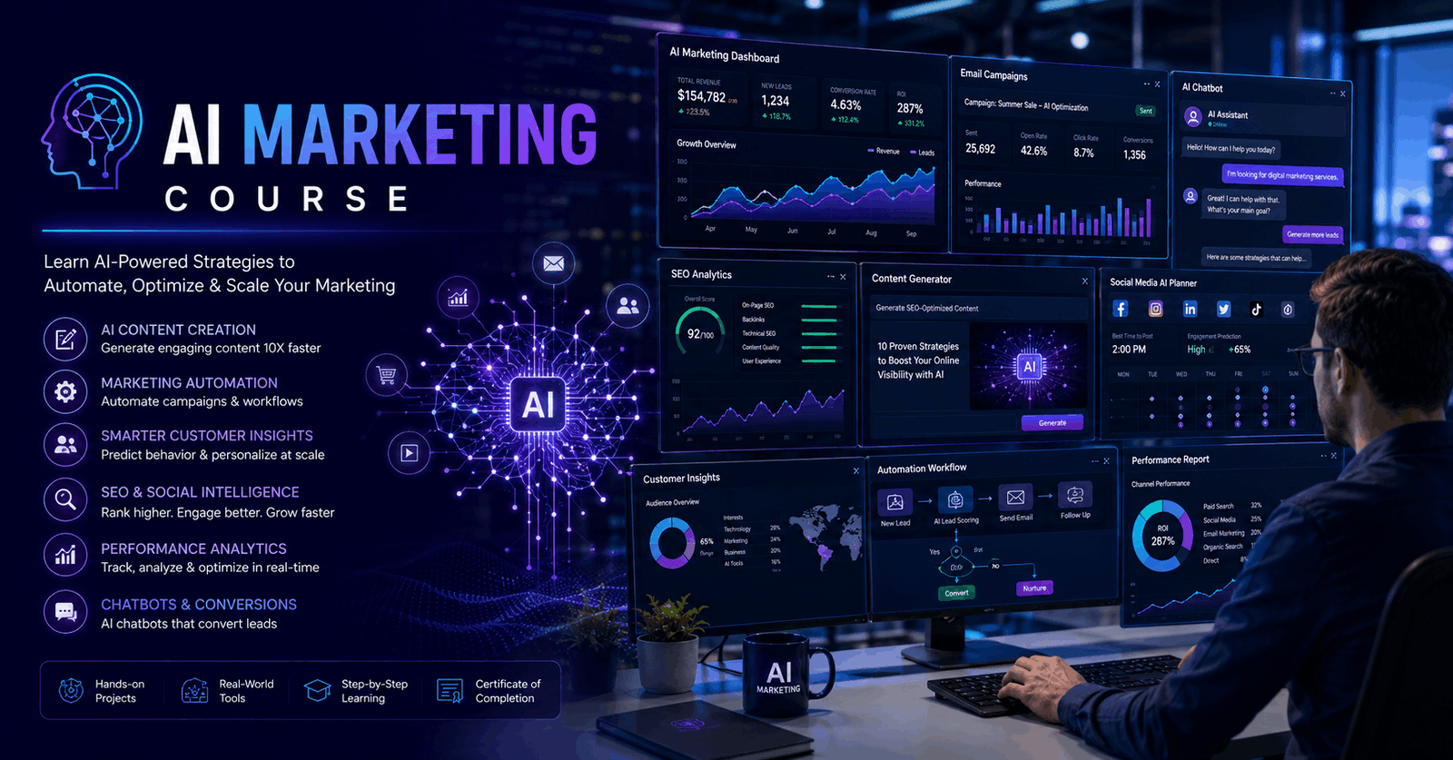 AI Marketing training with automation dashboards, digital campaigns, chatbots, analytics, and artificial intelligence tools.