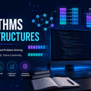 Algorithms and Data Structures course visual with code, stacks, vectors, complexity graphs and dynamic programming concepts.