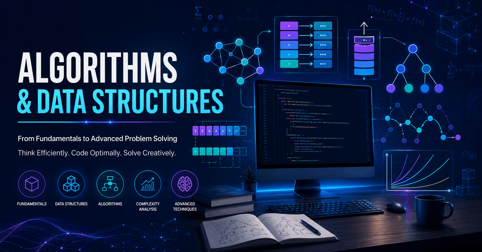 Algorithms and Data Structures course visual with code, stacks, vectors, complexity graphs and dynamic programming concepts.