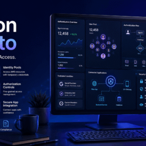 Amazon Cognito course visual showing AWS authentication, identity management, user pools, and secure application access.