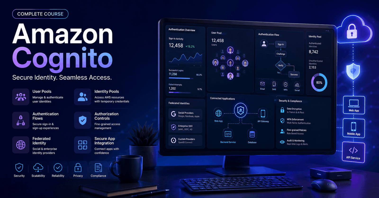 Amazon Cognito course visual showing AWS authentication, identity management, user pools, and secure application access.