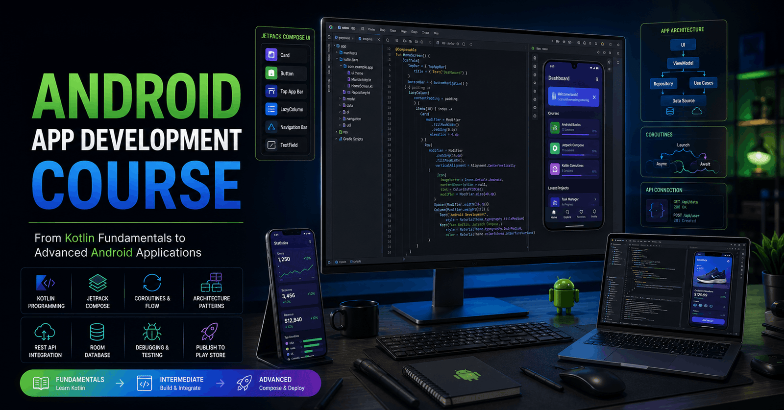 Android App Development Course showing Kotlin code, Jetpack Compose UI and mobile app development workflow