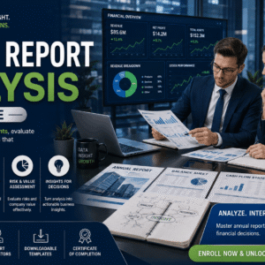 Financial analyst reviewing company reports in an annual report analysis course setting