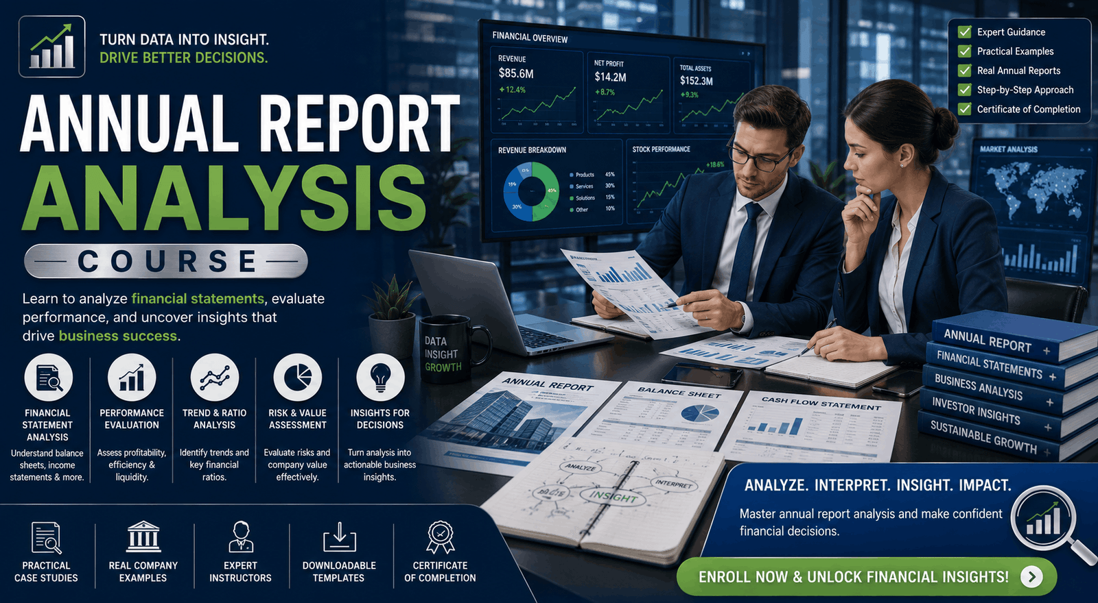 Financial analyst reviewing company reports in an annual report analysis course setting