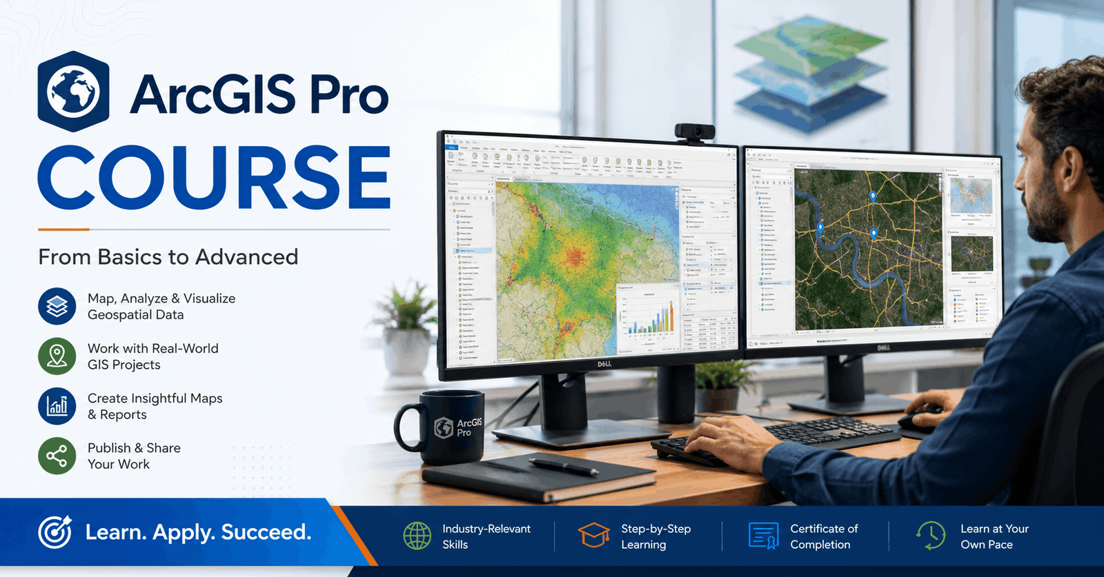 Student creating professional digital maps in ArcGIS Pro Course using GIS layers, charts, and spatial data visualization.