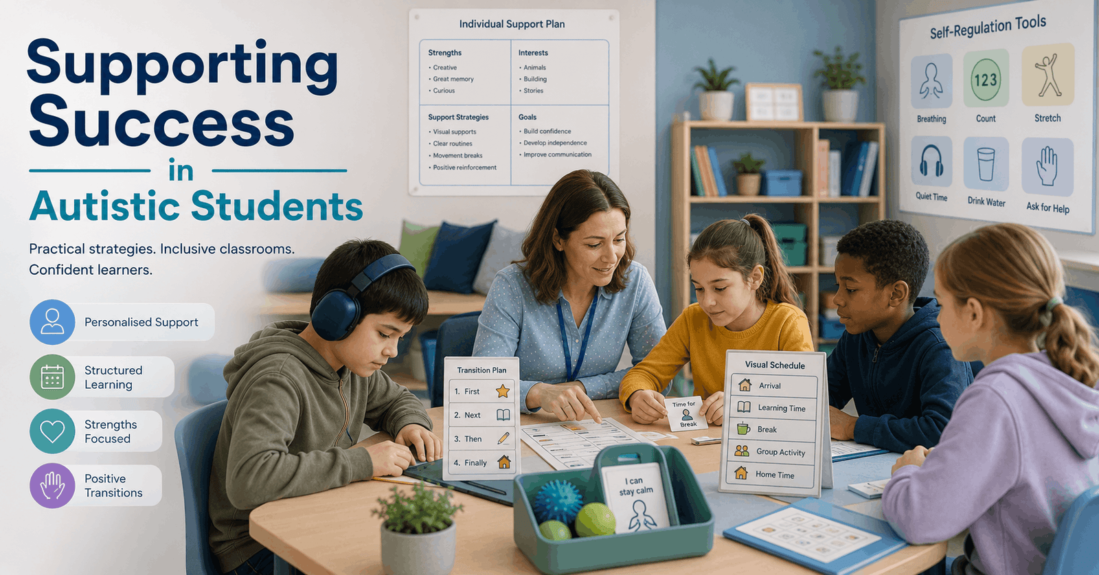 Autism Support Strategies shown through an inclusive classroom with a teacher providing structured support to autistic students