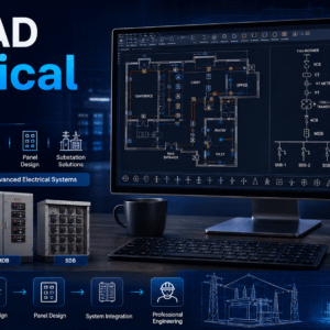 AutoCAD Electrical Course showing building layouts, circuit diagrams, distribution boards and electrical design tools