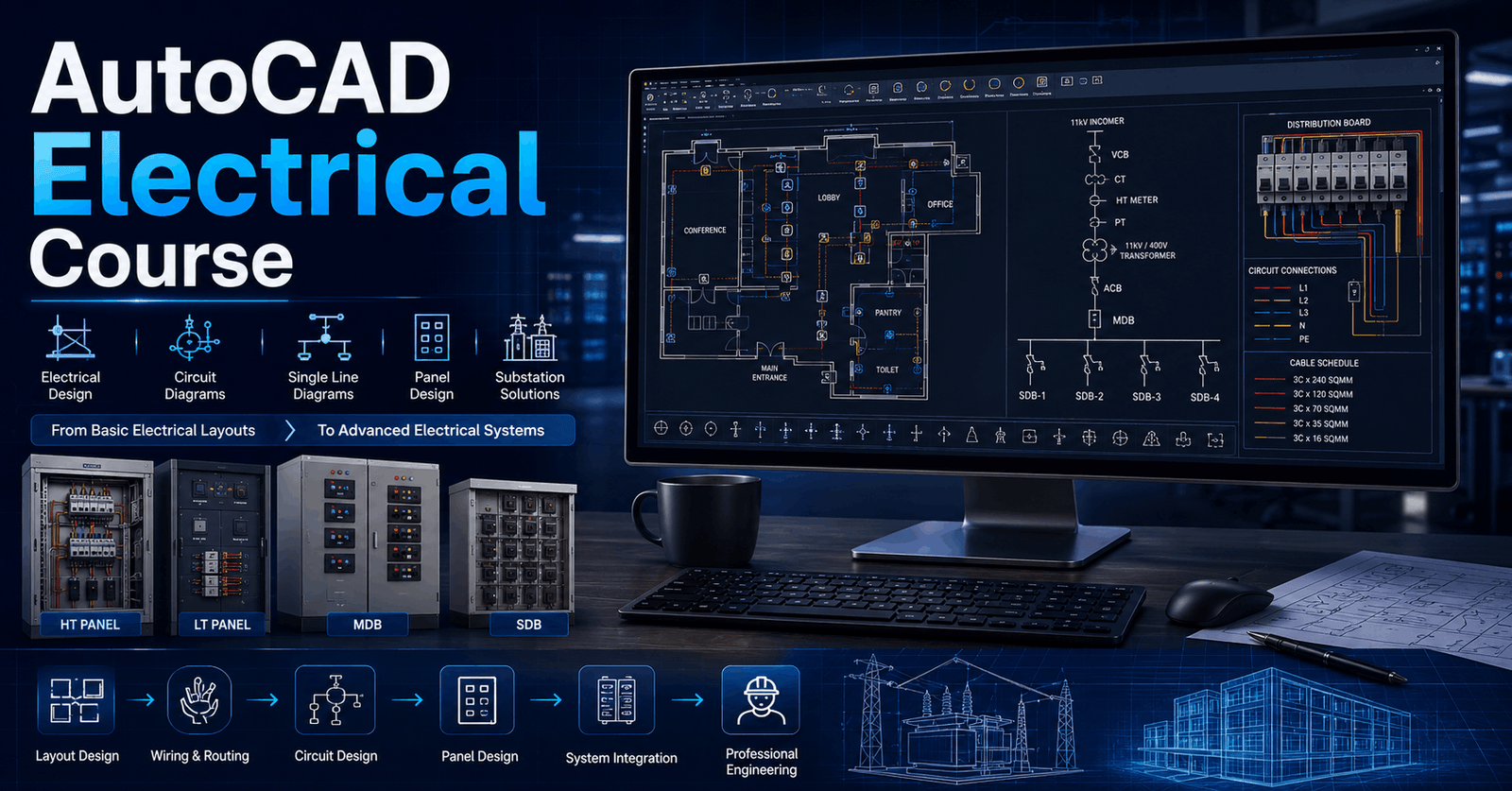 AutoCAD Electrical Course showing building layouts, circuit diagrams, distribution boards and electrical design tools