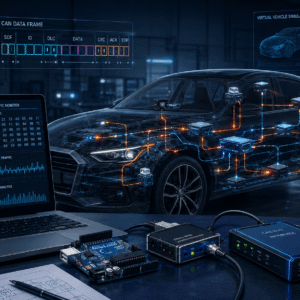 Automotive Cybersecurity course visual showing a connected vehicle, CAN Bus network, ECU nodes and secure data communication.
