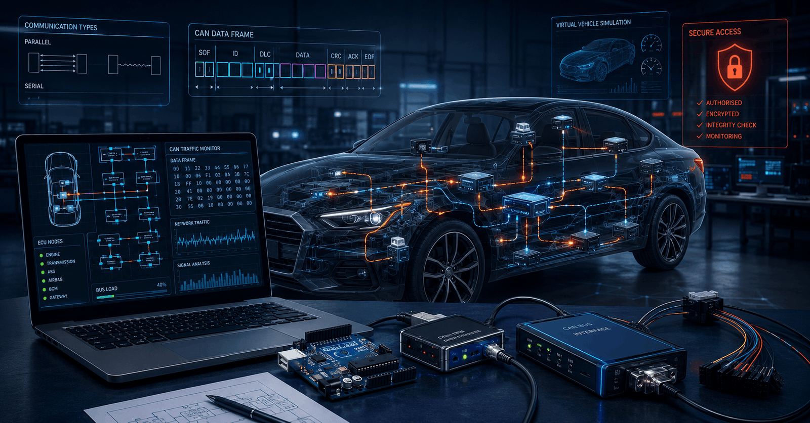 Automotive Cybersecurity course visual showing a connected vehicle, CAN Bus network, ECU nodes and secure data communication.