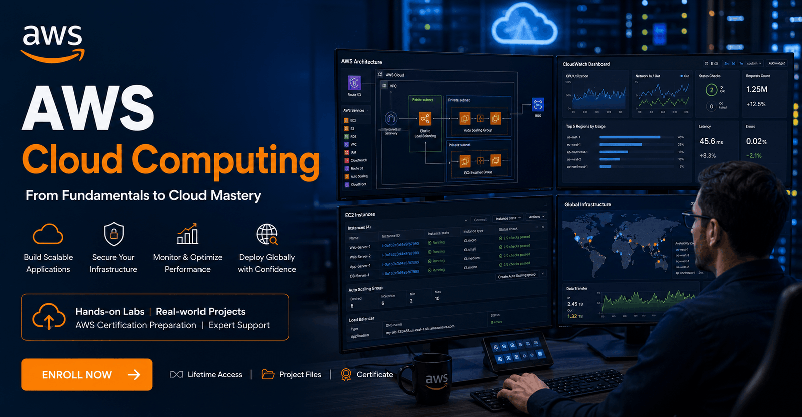 Professional learning AWS Cloud Computing with cloud architecture diagrams, AWS services, monitoring dashboards, and infrastructure.