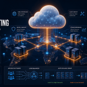 AWS cloud computing visual showing global infrastructure, monitoring, servers, auto scaling and load balancing concepts