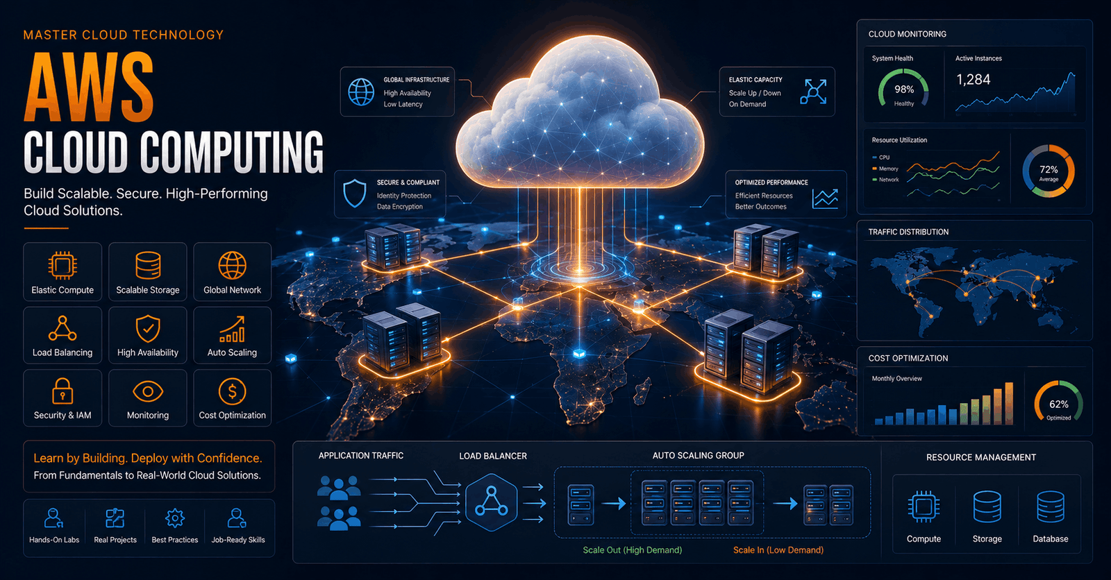 AWS cloud computing visual showing global infrastructure, monitoring, servers, auto scaling and load balancing concepts
