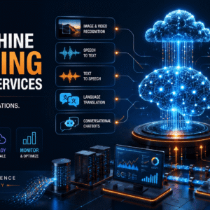 AWS Machine Learning course visual showing cloud AI, machine learning models, data analytics, vision and NLP technology.