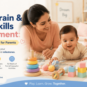 Baby development activities course showing parents engaging in sensory and motor play with infant during first year growth