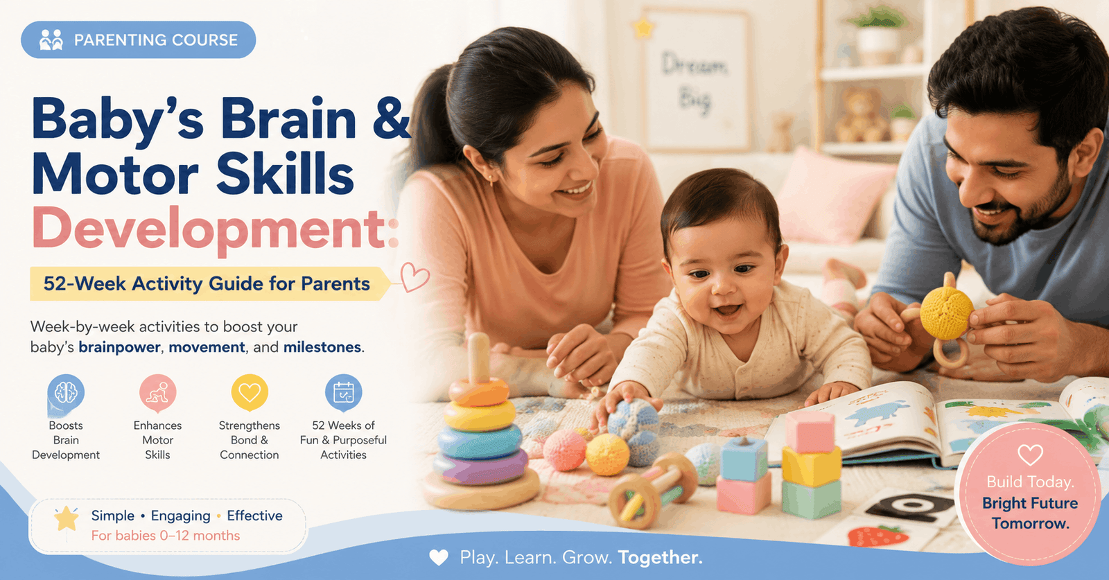 Baby development activities course showing parents engaging in sensory and motor play with infant during first year growth