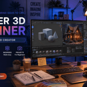 Blender 3D Beginner workspace showing 3D modelling, lighting, materials, textures, and rendered objects.