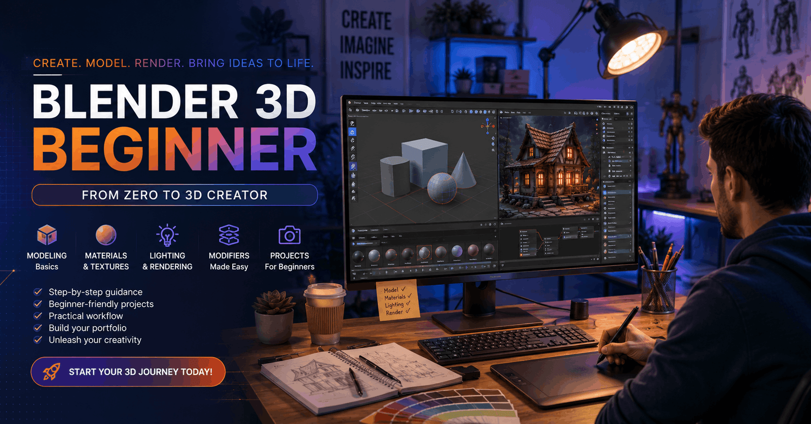 Blender 3D Beginner workspace showing 3D modelling, lighting, materials, textures, and rendered objects.