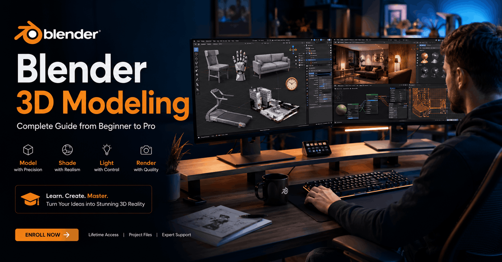 Designer creating Blender 3D Modeling projects with realistic materials, lighting, furniture, and mechanical objects.