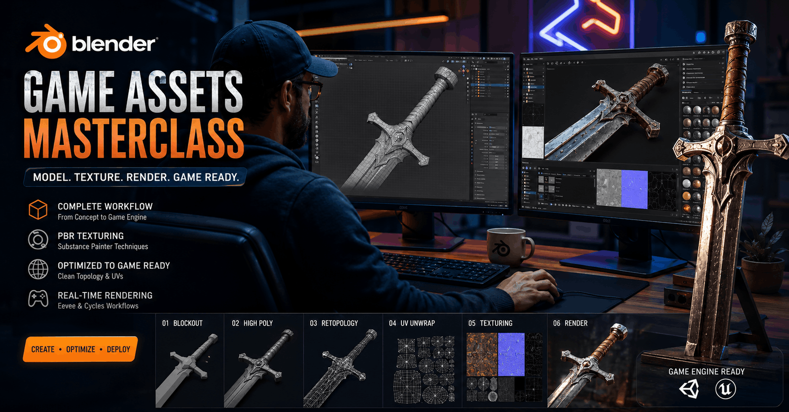 Artist creating Blender Game Assets with a stylized sword model, realistic textures, and game-ready 3D workflow.