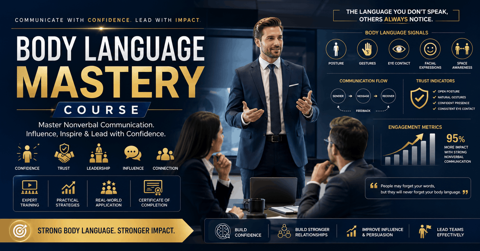 Professional leader presenting confidently with Body Language Mastery techniques in a corporate meeting environment