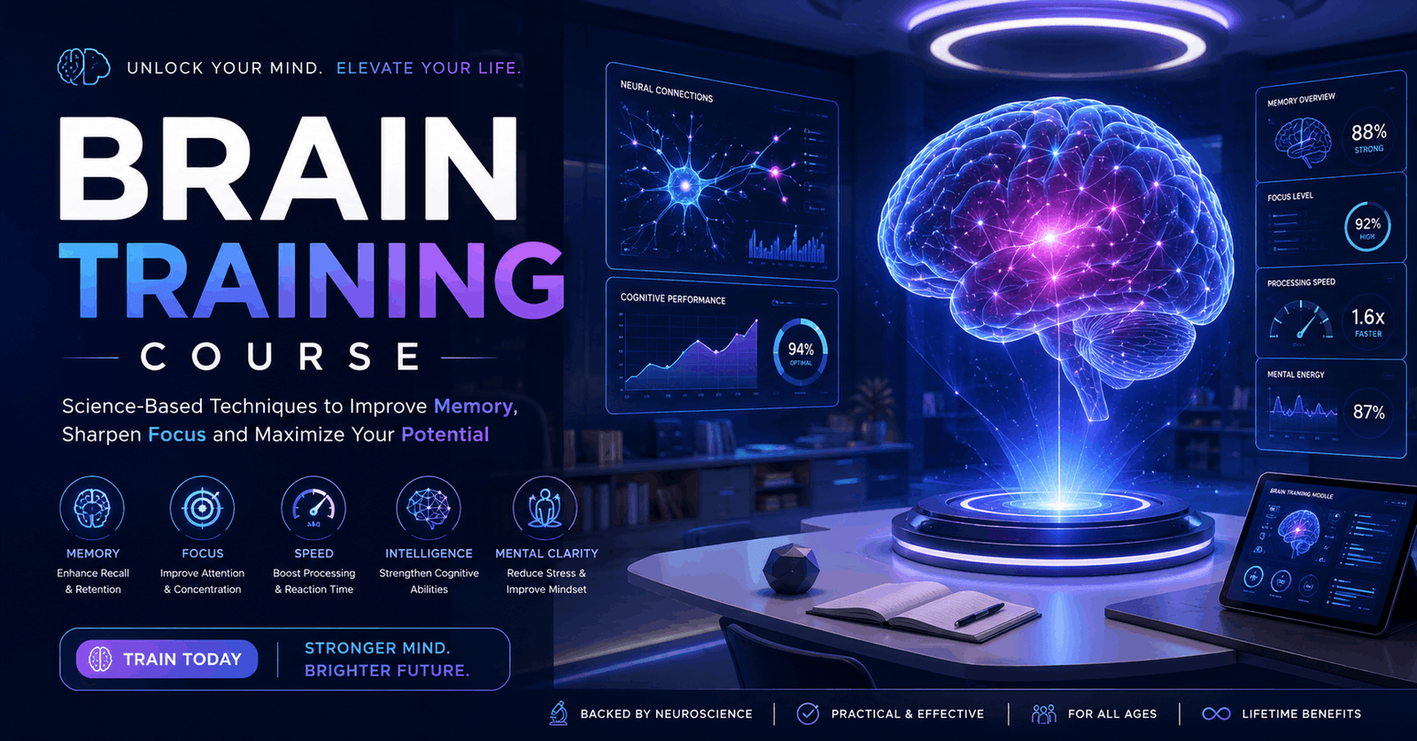 Professional educational banner for Brain Training Course showing memory, focus, and cognitive enhancement concepts