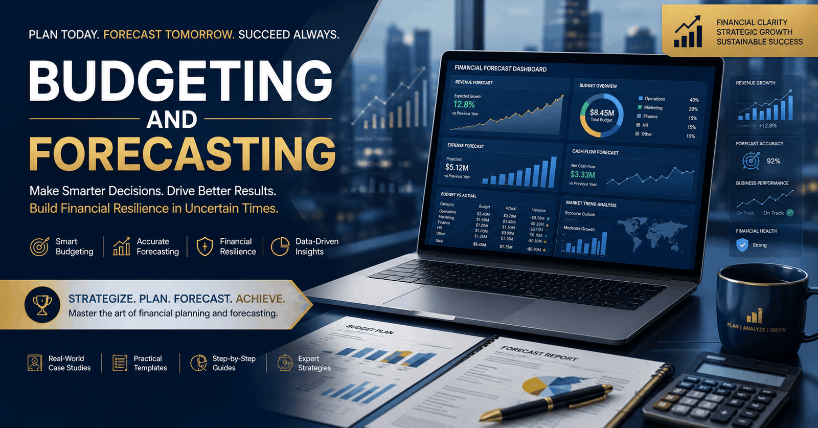 Business professionals reviewing budgeting and forecasting reports with financial charts during uncertain market conditions