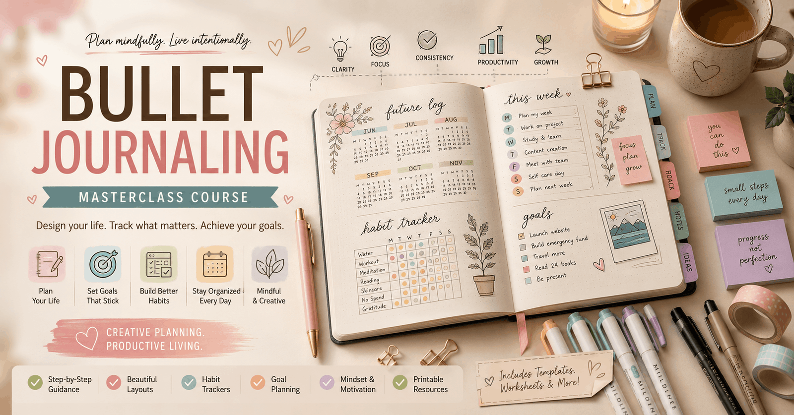 Creative planner setup with Bullet Journaling pages, habit trackers, and organized notes in a stylish journal workspace