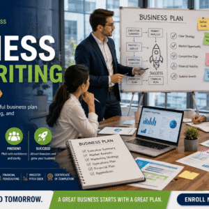 Entrepreneur creating a startup strategy in a business plan writing course environment