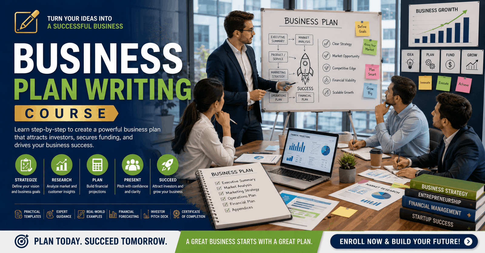 Entrepreneur creating a startup strategy in a business plan writing course environment