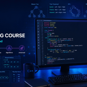 C++ Programming Course visual showing code, OOP, data structures, algorithms, trees and linked lists in a developer workspace.