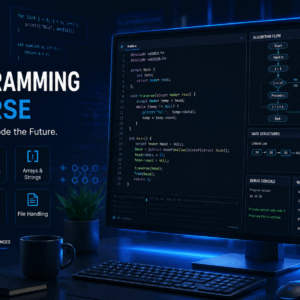 C Programming Course visual showing C code, programming concepts, algorithms, memory management, and development tools.