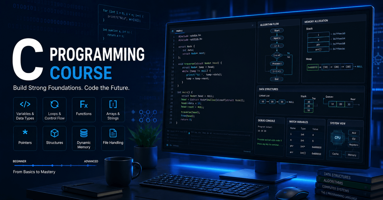 C Programming Course visual showing C code, programming concepts, algorithms, memory management, and development tools.