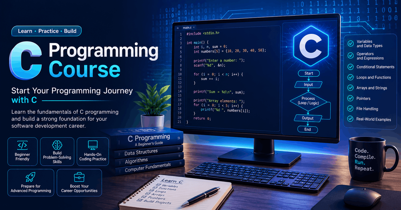 C Programming Course for beginners featuring code, programming concepts and hands-on coding practice.