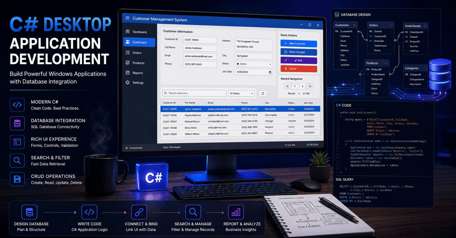 C# desktop application interface connected to a SQL Server database with forms, data tables and record management tools