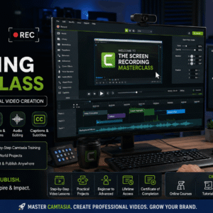 Camtasia masterclass showing screen recording, video editing timeline, and professional content creation workflow