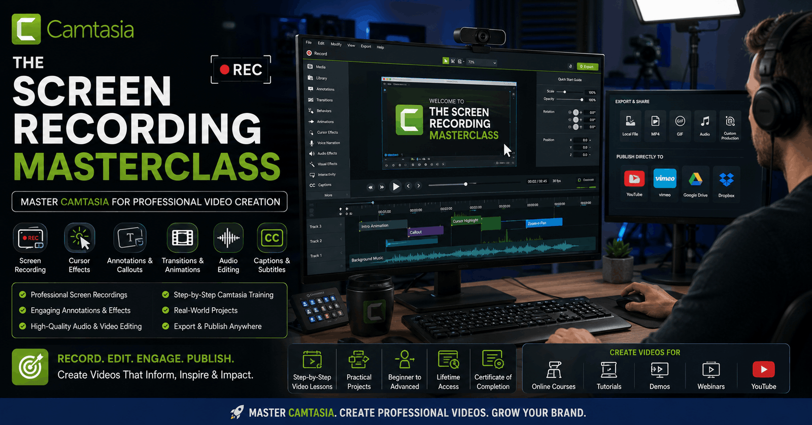 Camtasia masterclass showing screen recording, video editing timeline, and professional content creation workflow
