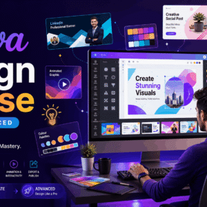 Canva Design Course visual showing a designer creating social media graphics, layouts, templates and professional digital content.