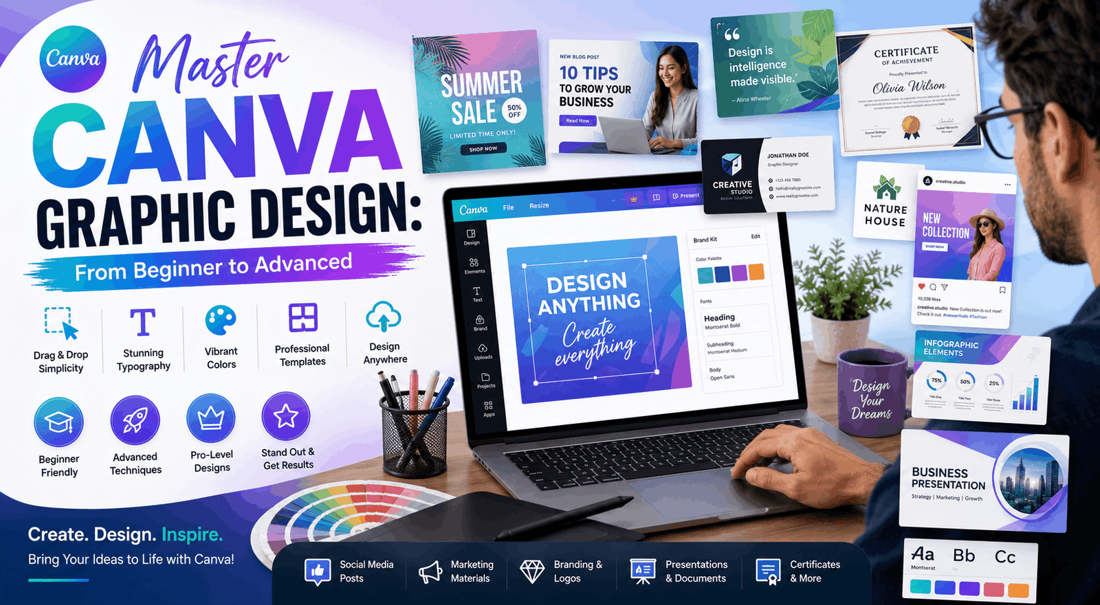 Canva Graphic Design course teaching poster creation, social media design, branding, presentations, and visual content creation