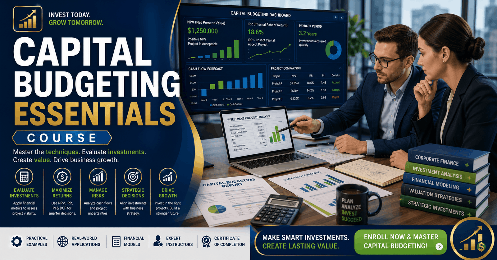 Finance professional analysing investment data in a capital budgeting essentials course setting